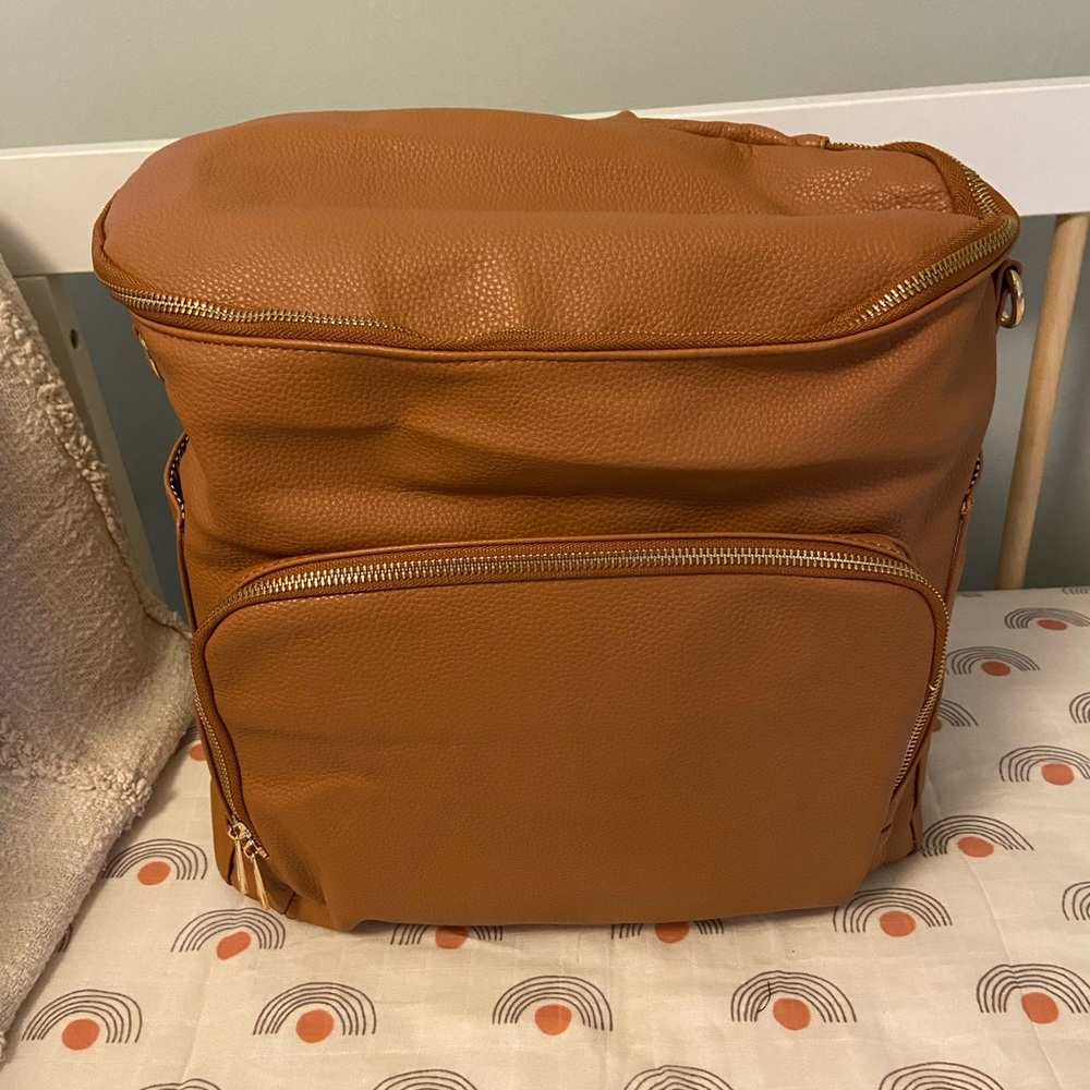 Leather Diaper Bag Backpack with changing pad & insulated side pocket